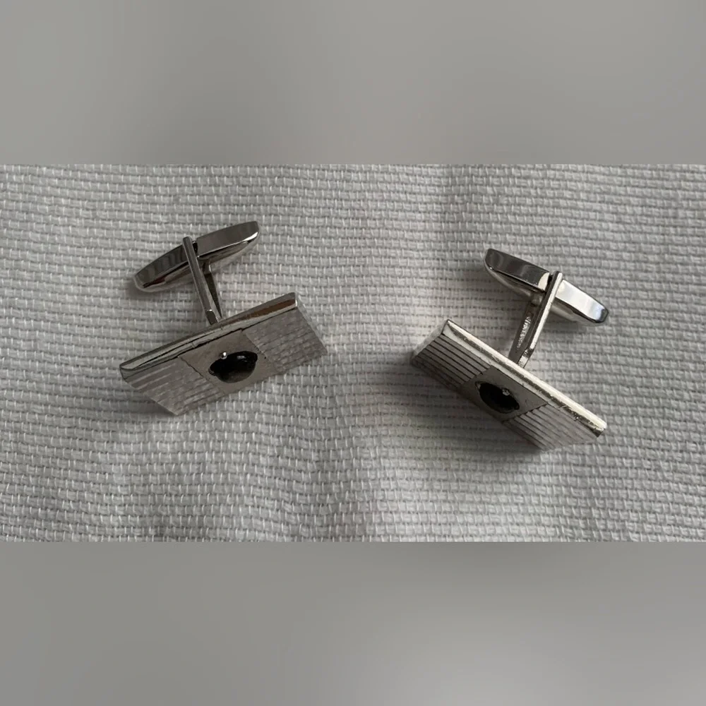 Vintage Silver-Tone Rectangular Cufflinks with Black Center Stone
